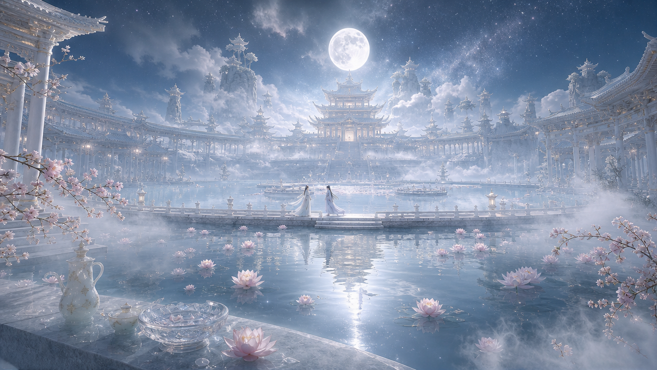 16:9横屏古风仙侠短片，统一月白云海仙侠宇宙氛…
