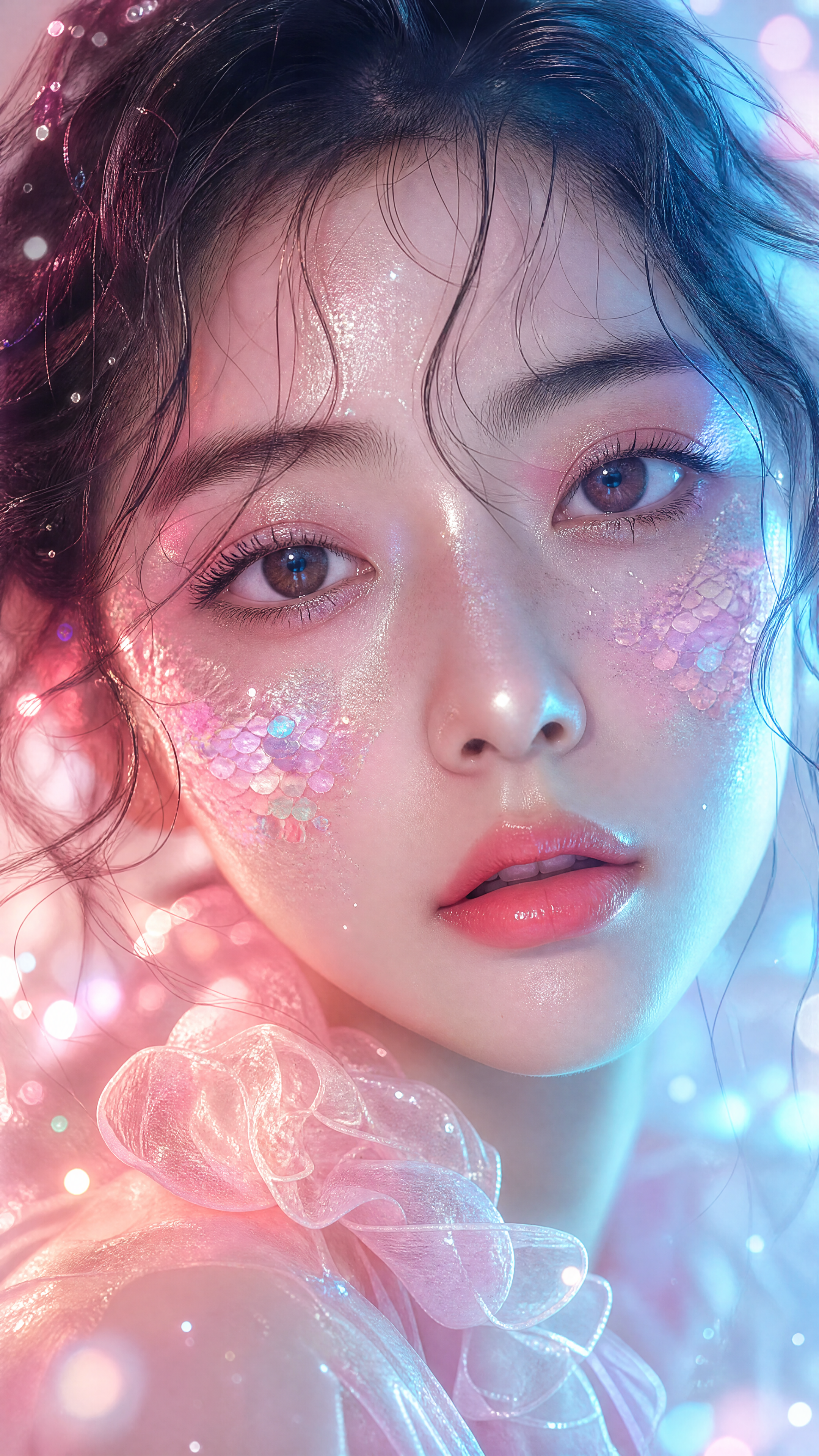 一位年轻的东亚女性的超现实电影美女肖像，极端特写…