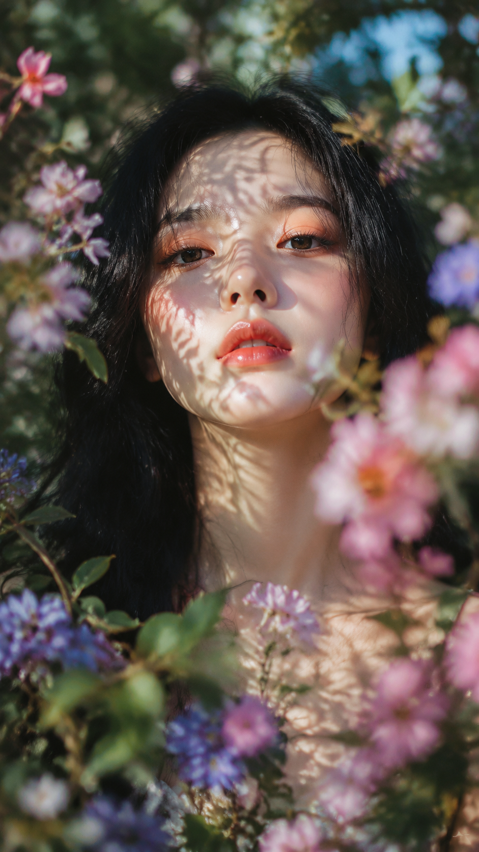 梦幻自然光花园人像，柔焦胶片质感，竖幅近距离肖像…