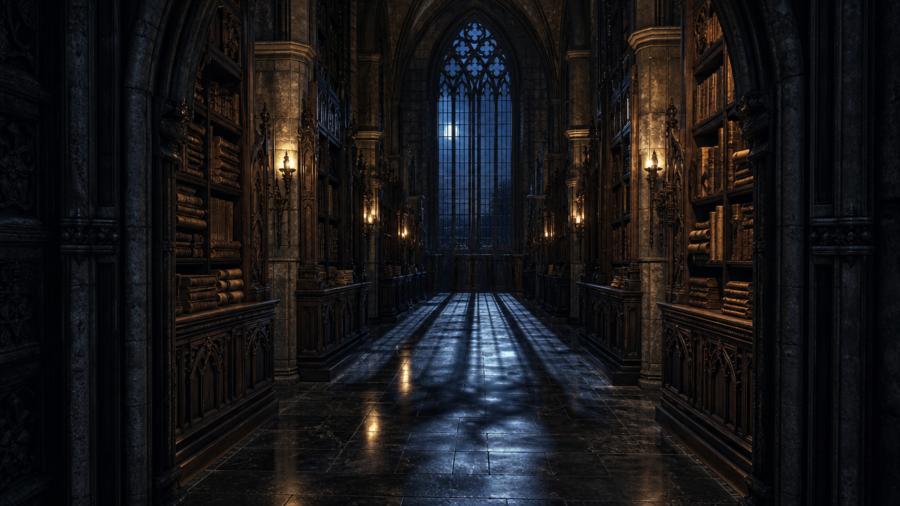 夜晚状态下的中世纪哥特档案室全景写实摄影，16:…