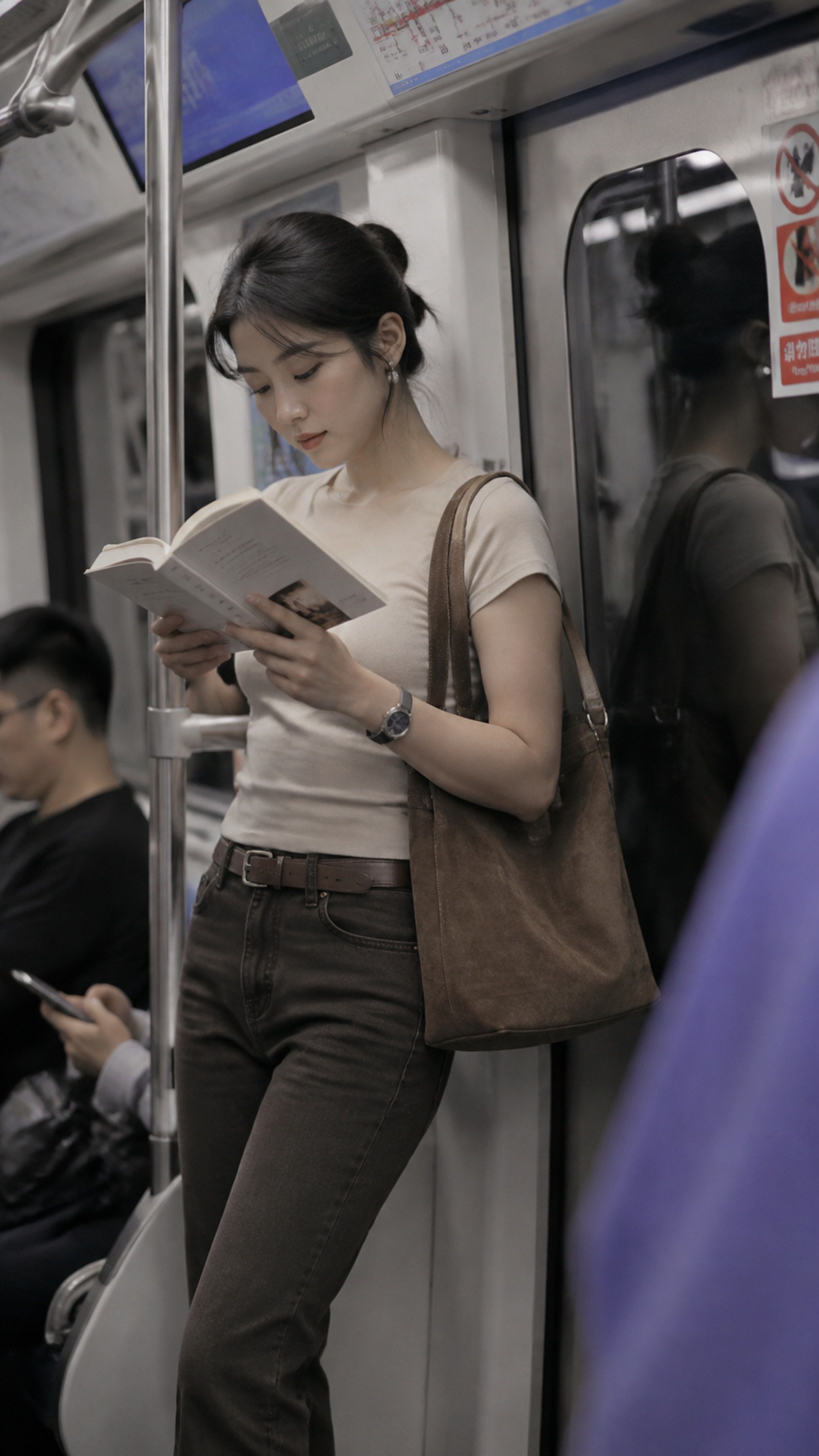 偷拍视角 类似街拍 地铁上一个看书的美女 站靠在…