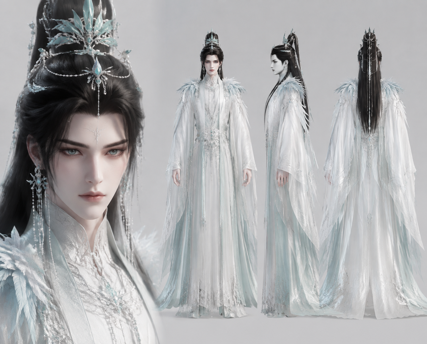 生成图片：3D写实古风仙侠角色设定图，画面分为左…