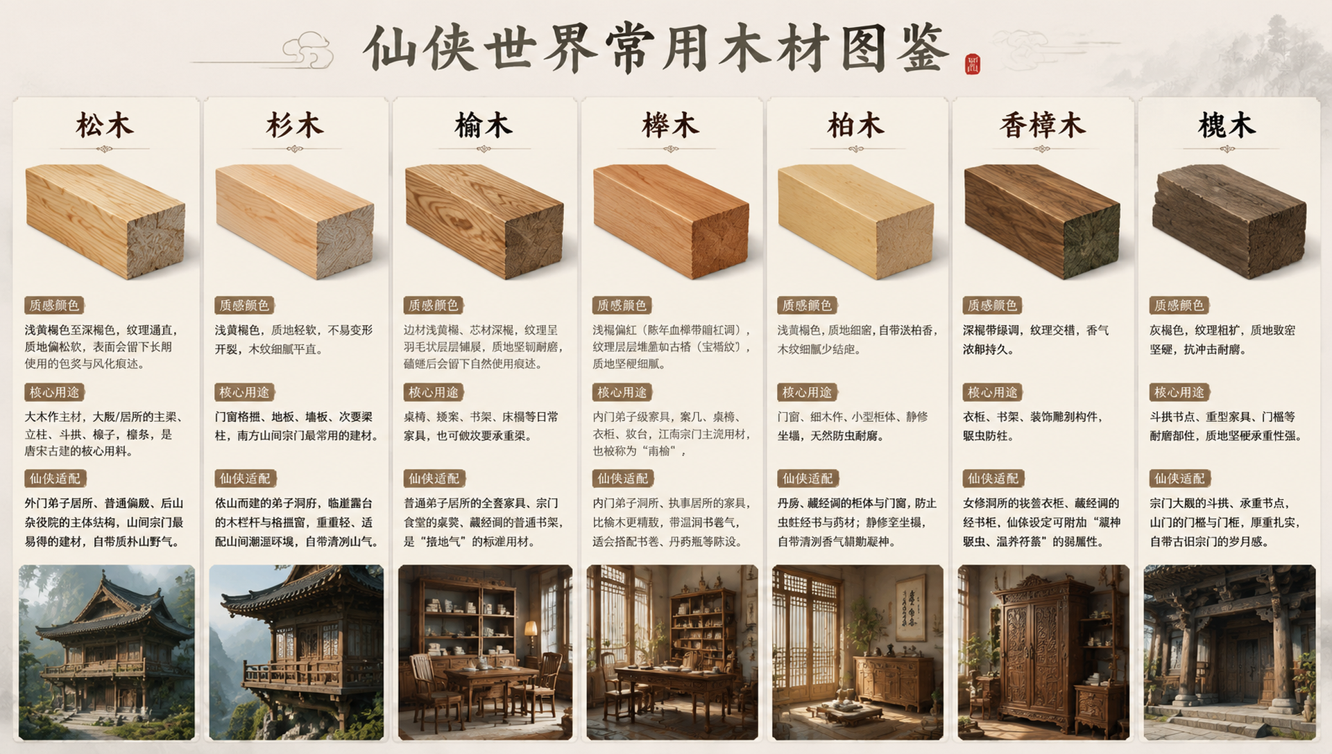 松木 核心用途：大木作主材，大殿 / 居所的主梁…