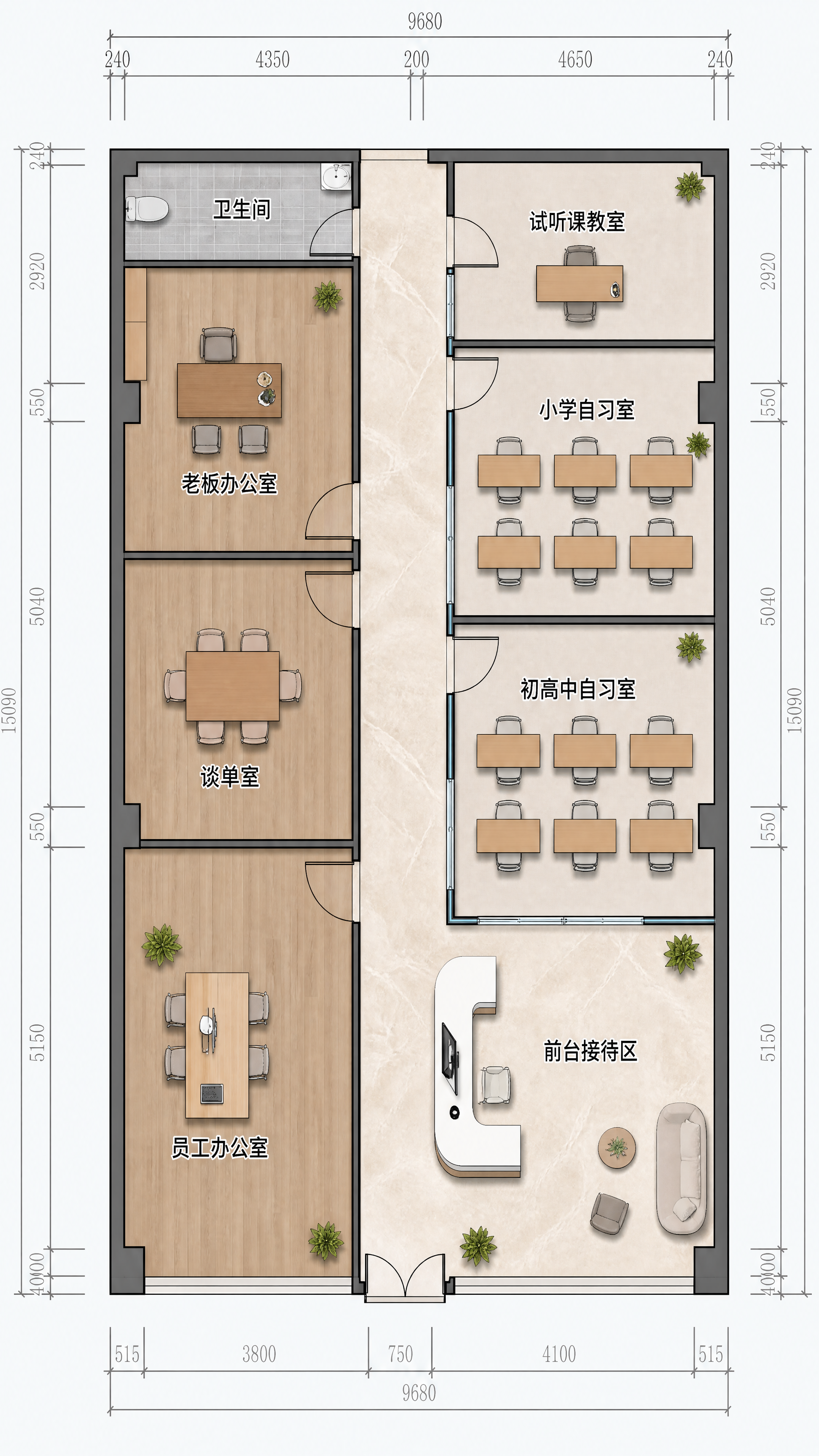 帮我根据图纸设计考轻松门店， 6 个核心功能区：…
