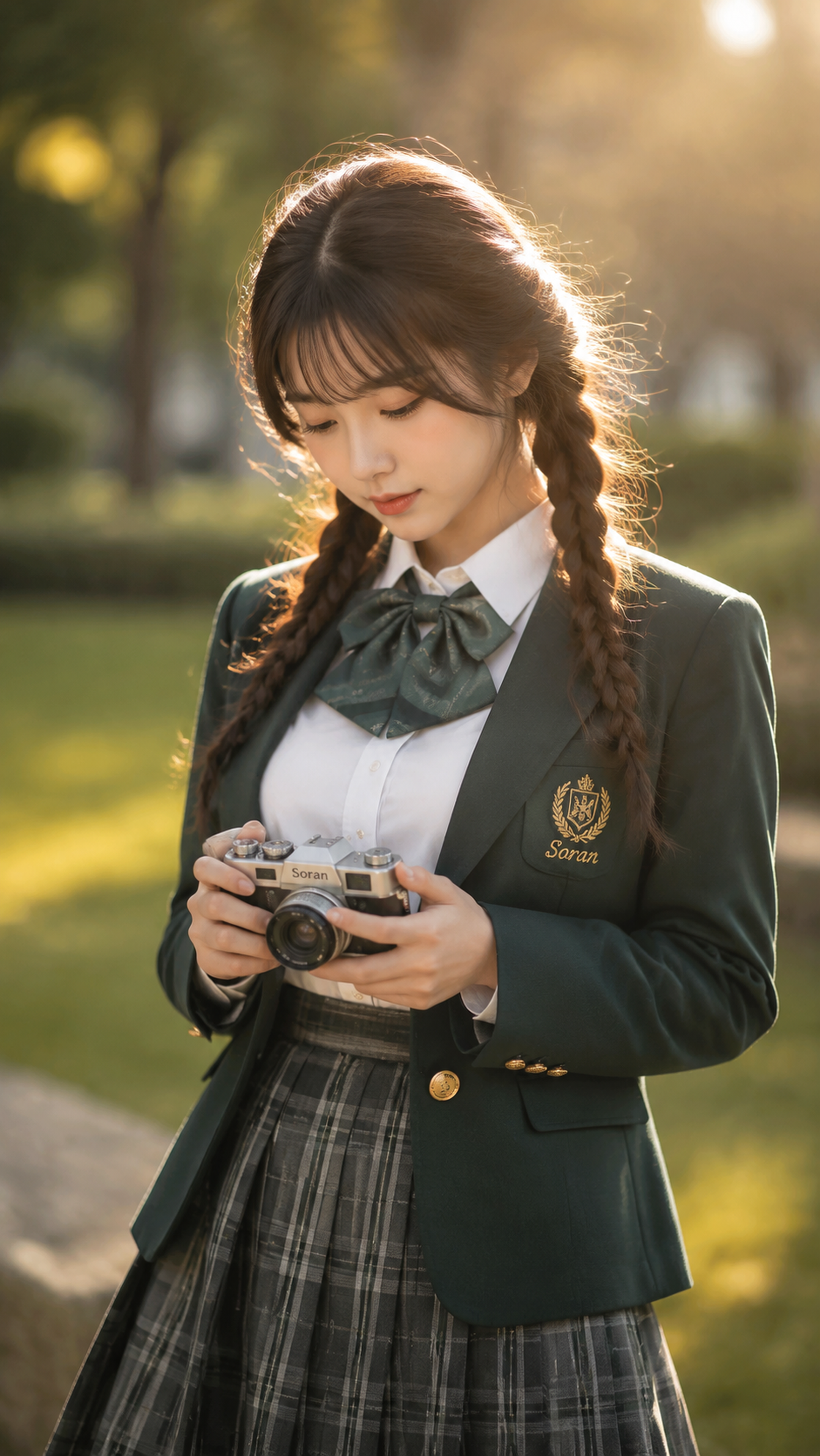 9:16竖幅，东亚女性，户外校园感人像，深棕长发…