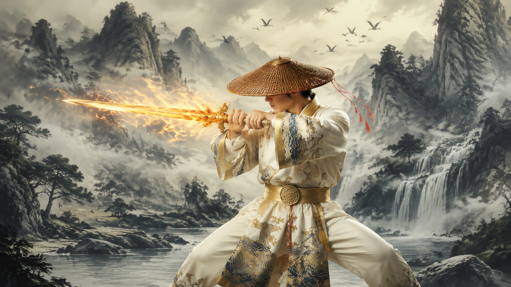 图1小哥哥带上图4的斗笠，穿上图2的衣服，拿着图…