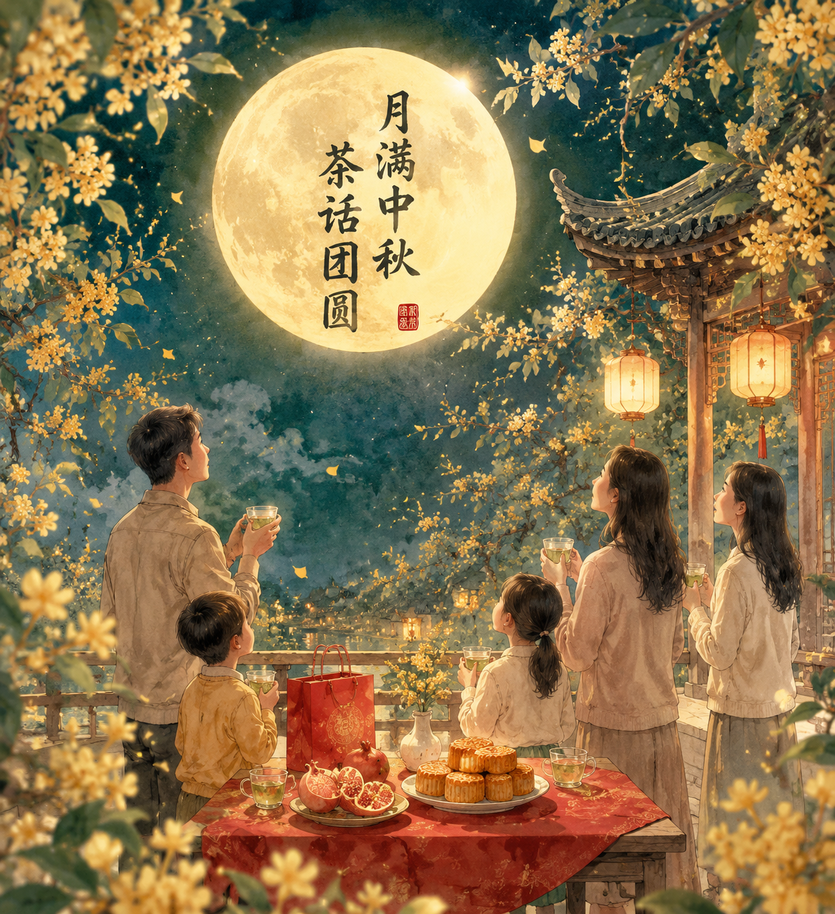 极致唯美的手绘插画，描绘中秋祭月的温馨庭院。背景…