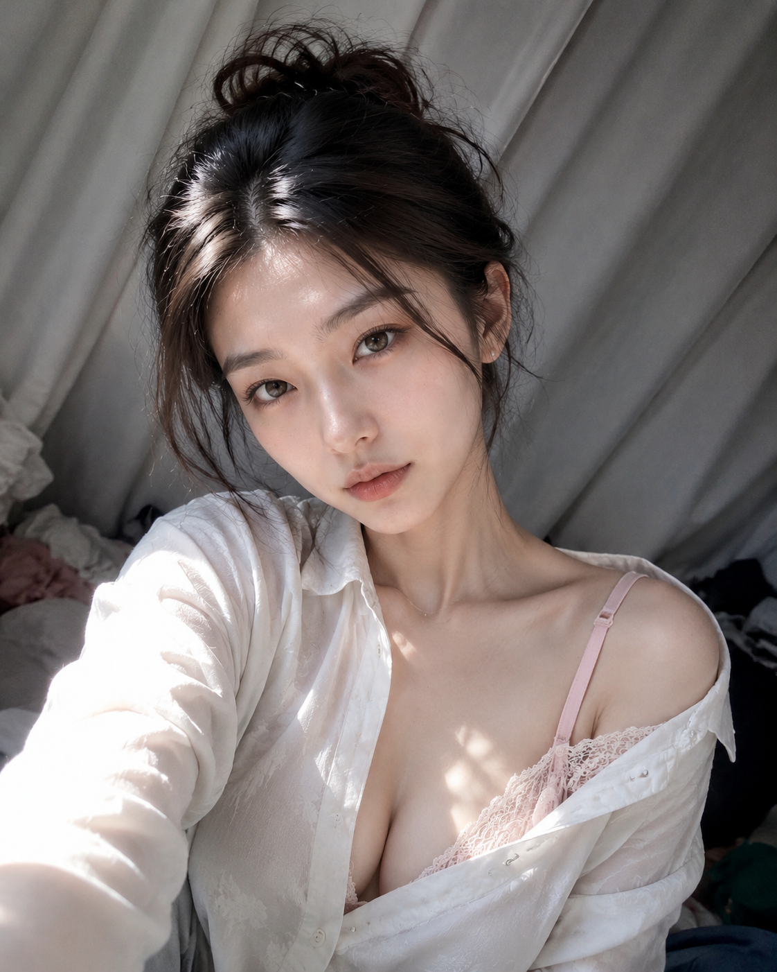亚洲女性， 22岁，盘发，两颊有少许发丝，发量巨…