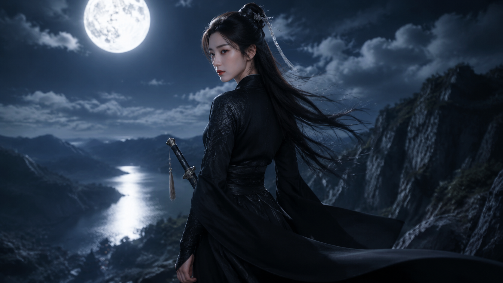 月下剑舞・江湖侠女 她立于断崖之巅，一袭玄色劲装…