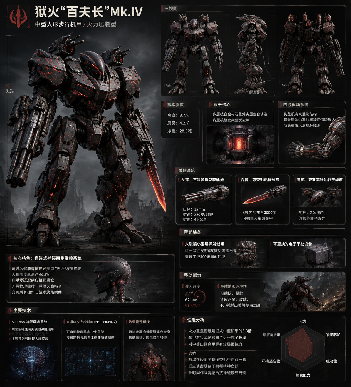 机甲名称：狱火“百夫长”Mk.IV 一、外观与尺…