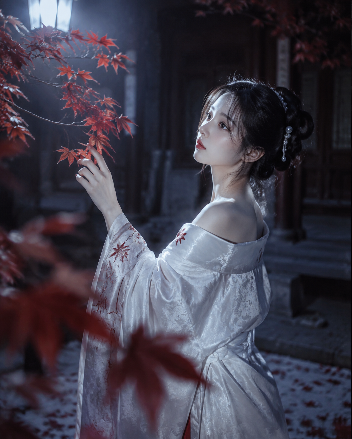 【真实摄影】暗调红枫夜庭幽寂空间，前景虚化艳红枫…