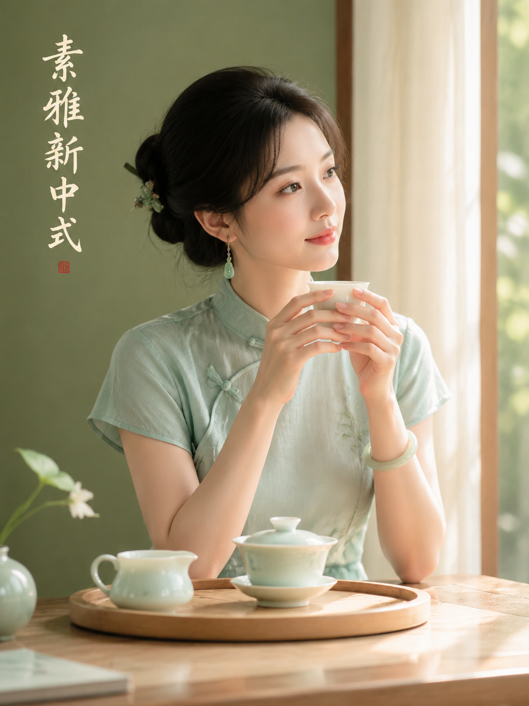 中景镜头，平视视角。画面呈现周末茶叙场景，主色调…