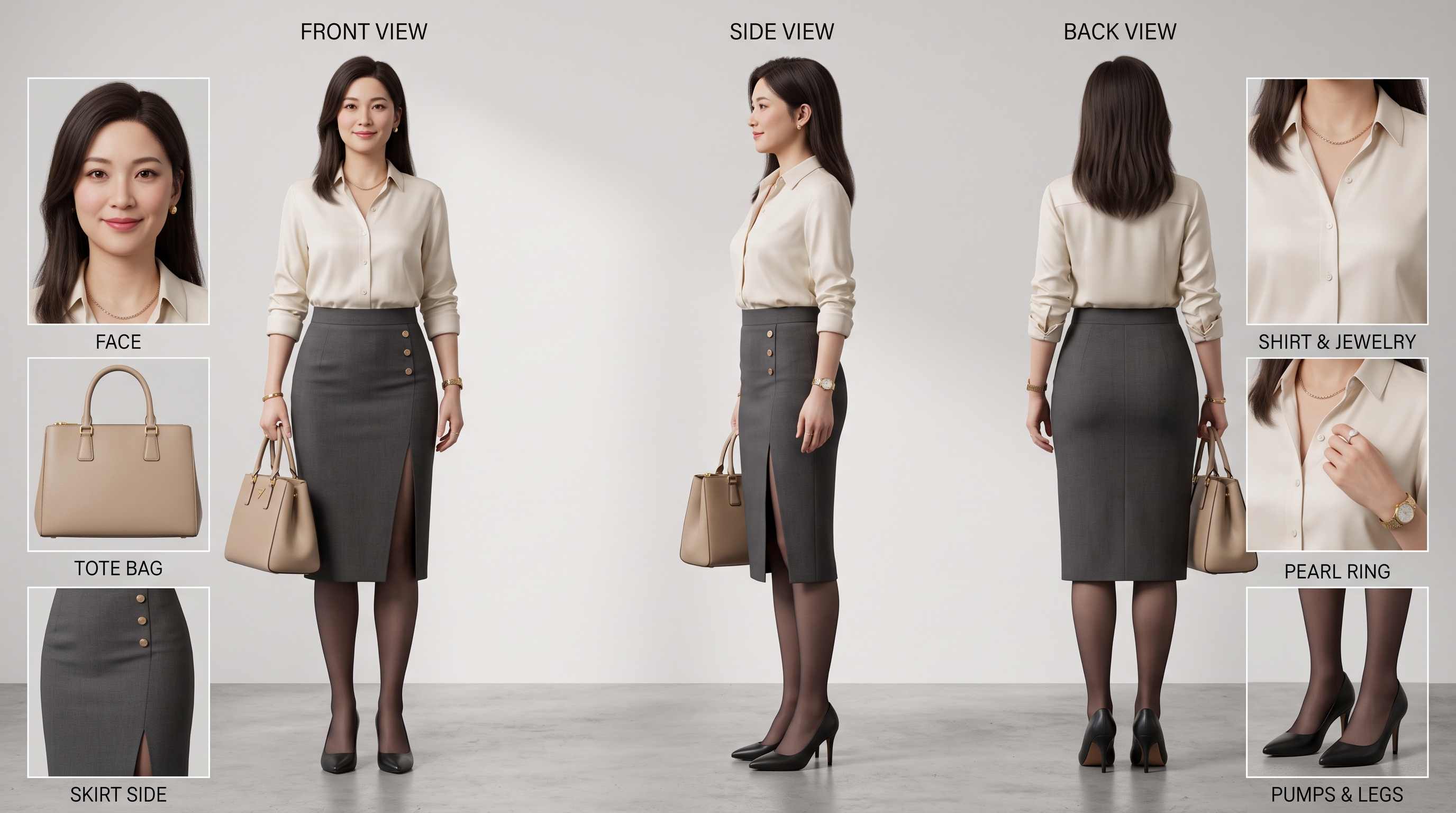 3D模型展示：展示了东亚女性的三视图（正面、侧面…
